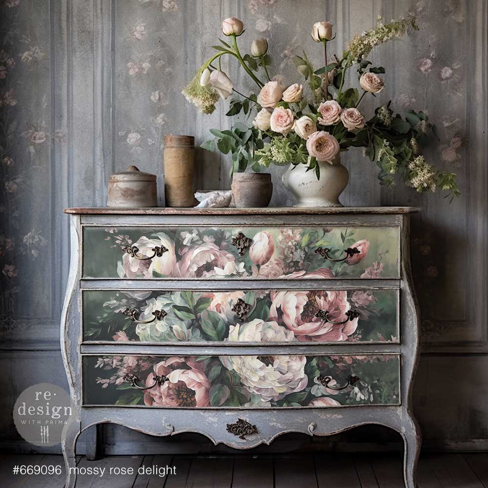 NEW! MOSSY ROSE DELIGHT Redesign A1 Decoupage Fibre Paper (59.44cm x 84.07cm) - Rustic Farmhouse Charm