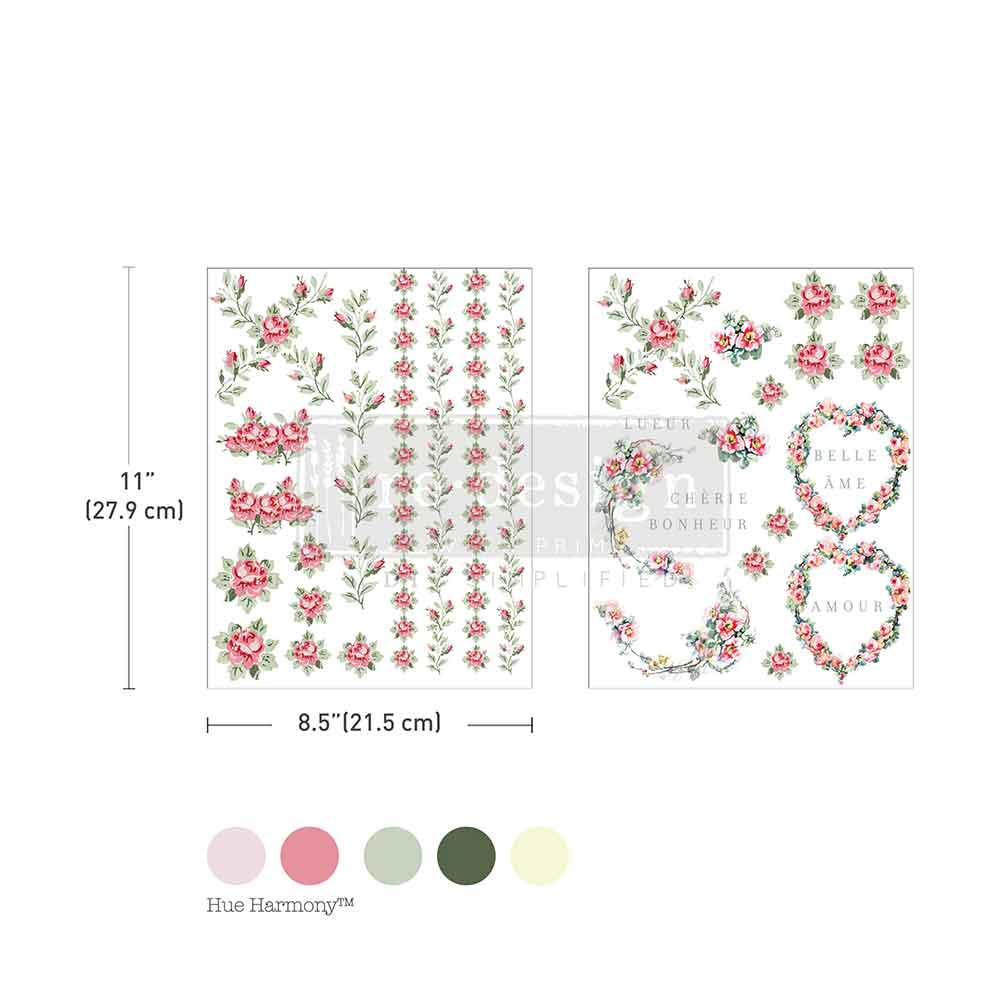 NEW! Redesign H20 Transfer - NOSTALGIC BLOOMS (2 sheets, each 21.59cm x 27.94cm) - Rustic Farmhouse Charm