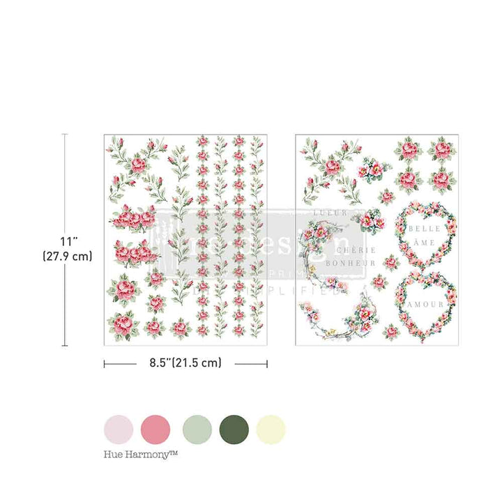 NEW! Redesign H20 Transfer - NOSTALGIC BLOOMS (2 sheets, each 21.59cm x 27.94cm) - Rustic Farmhouse Charm