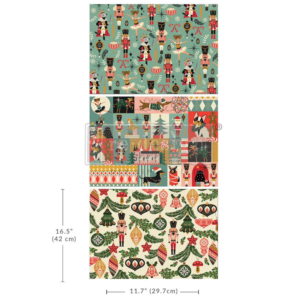 Redesign A3 Decoupage Fibre Paper Pack of 3 - NUTCRACKER HAPPINESS (29.7cm x 41.9cm) - Rustic Farmhouse Charm
