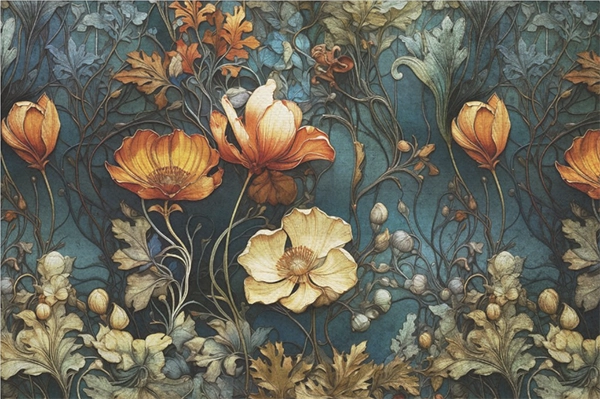 Decoupage Tissue Paper - Orange & Cream Flowers on Teal Background (50.8cm x 76.2cm) - Rustic Farmhouse Charm