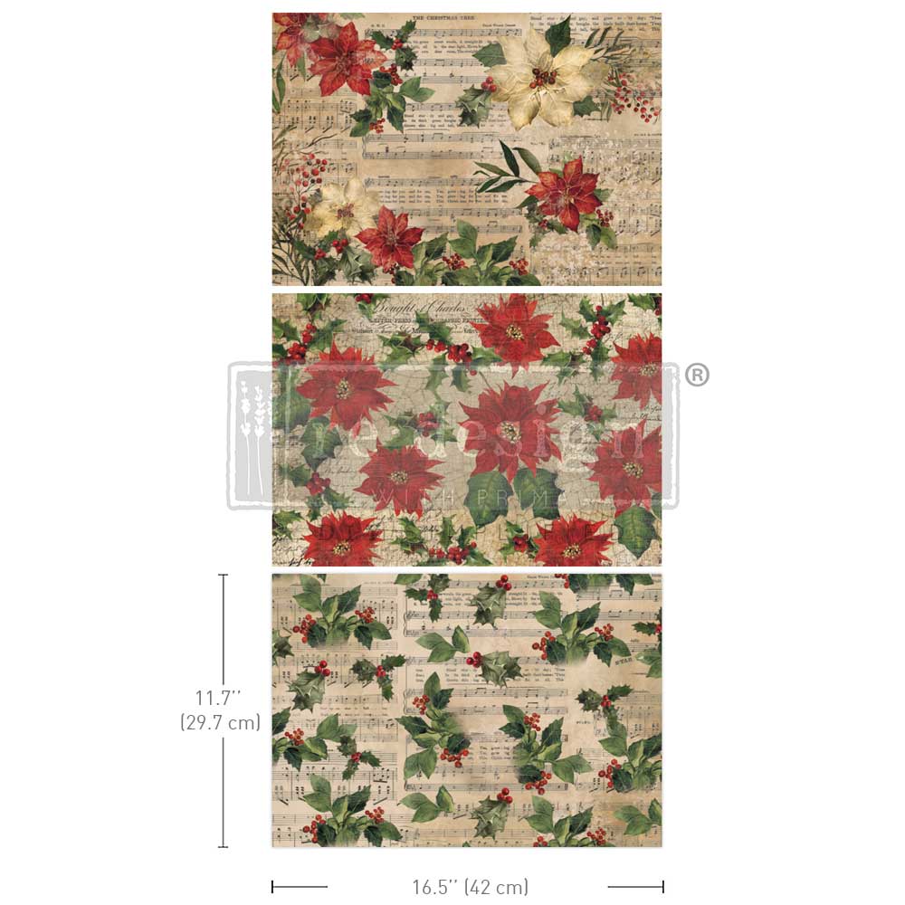 Redesign A3 Decoupage Fibre Paper Pack of 3 - POINSETTIAS (29.7cm x 41.9cm) - Rustic Farmhouse Charm