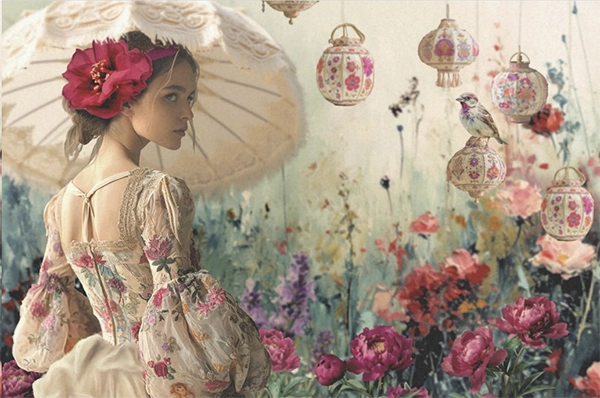 Decoupage Tissue Paper - Pretty Girl with Parasol in Lantern Garden (50.8cm x 76.2cm) - Rustic Farmhouse Charm