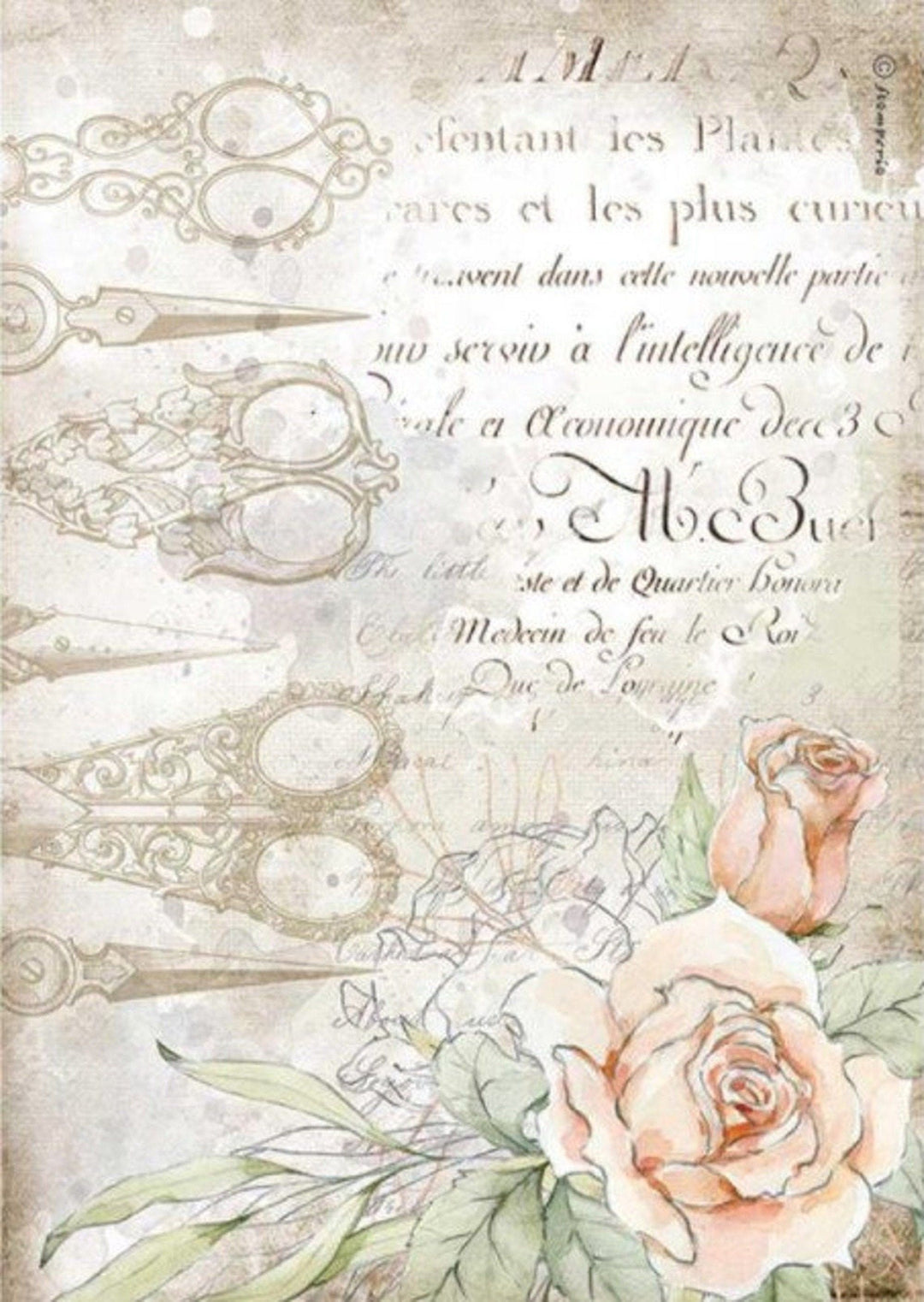 Stamperia Rice Paper - THREADS, SCISSORS & ROSES (A4) - Rustic Farmhouse Charm