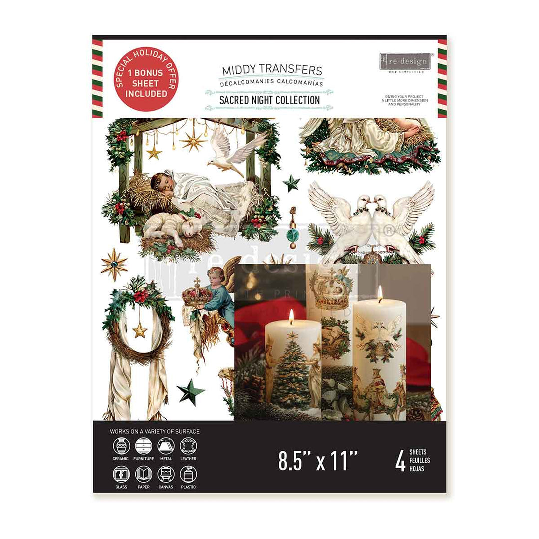 NEW! Redesign Middy Transfer - SACRED NIGHT COLLECTION (4 sheets, each 21.59cm x 27.94cm) - Rustic Farmhouse Charm