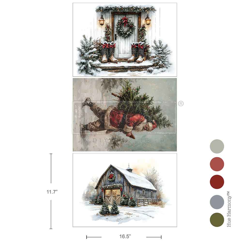 NEW! Redesign A3 Decoupage Fibre Paper Pack of 3 - SANTA'S WOODLAND STROLL (29.7cm x 41.9cm) - Rustic Farmhouse Charm