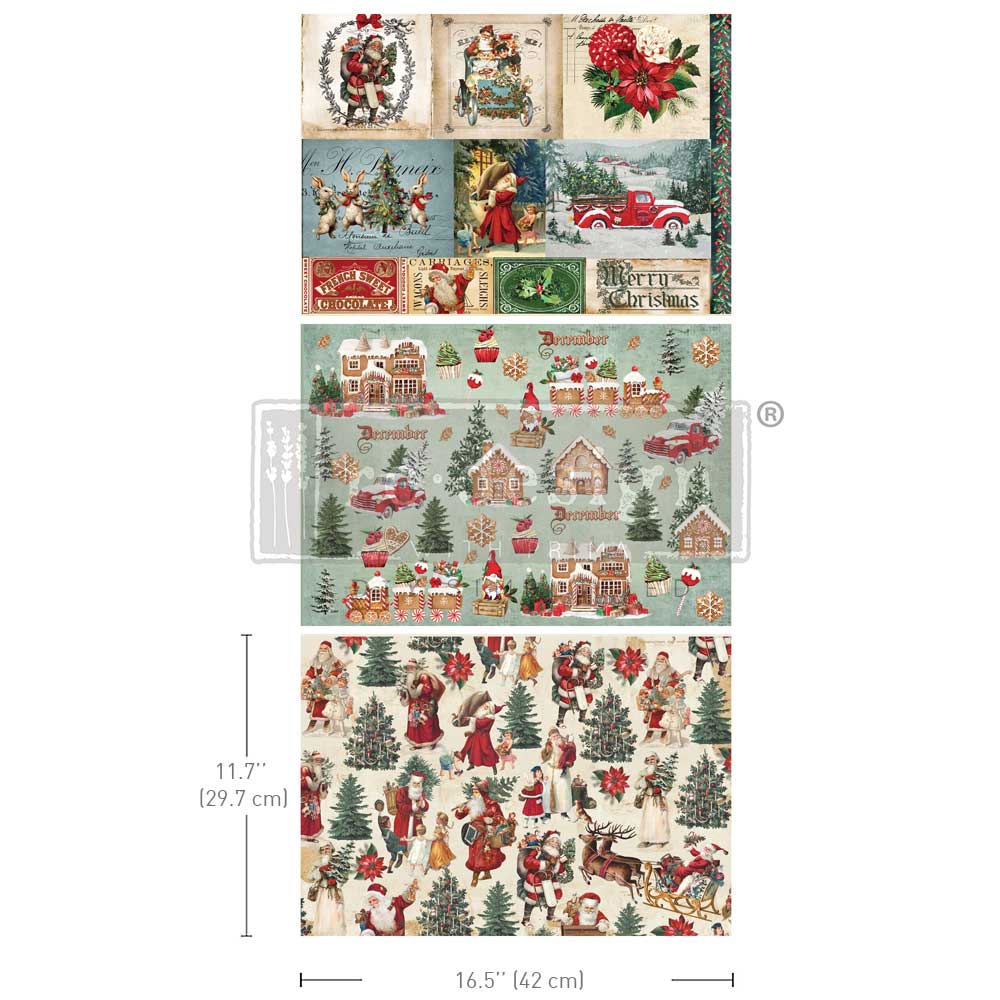 Redesign A3 Decoupage Fibre Paper Pack of 3 - SANTALAND SPARKLE (29.7cm x 41.9cm) - Rustic Farmhouse Charm