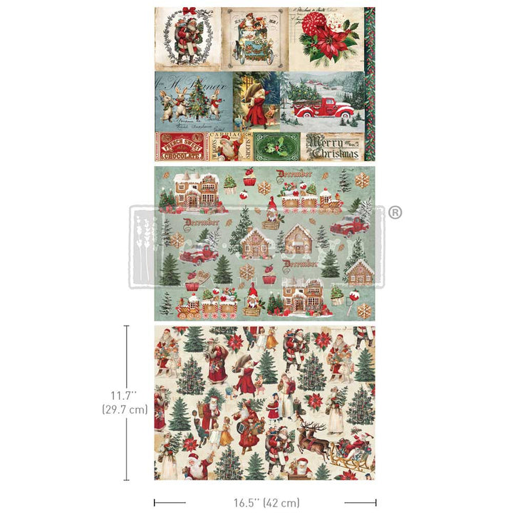 Redesign A3 Decoupage Fibre Paper Pack of 3 - SANTALAND SPARKLE (29.7cm x 41.9cm) - Rustic Farmhouse Charm