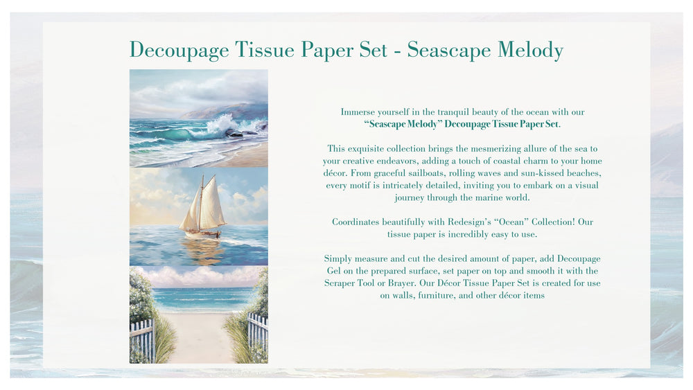 Redesign A3 Decoupage Fibre Paper Pack of 3 - SEASCAPE MELODY (29.7cm x 41.9cm) - Rustic Farmhouse Charm