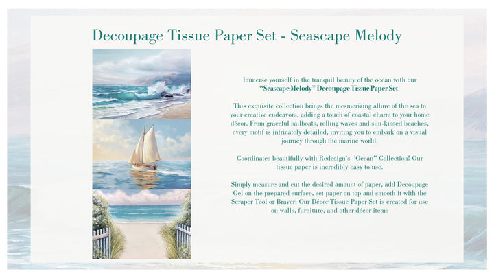 Redesign A3 Decoupage Fibre Paper Pack of 3 - SEASCAPE MELODY (29.7cm x 41.9cm) - Rustic Farmhouse Charm