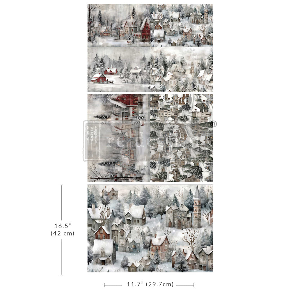 Redesign A3 Decoupage Fibre Paper Pack of 3 - SILENT NIGHT SNOW VILLAGE (29.7cm x 41.9cm) - Rustic Farmhouse Charm