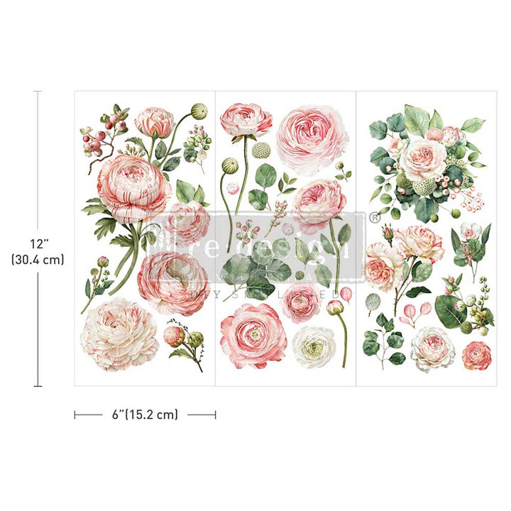 NEW! Redesign Small Transfer - BLUSHING BLOOMS (3 sheets, each 15.24cm x 30.48cm) - Rustic Farmhouse Charm