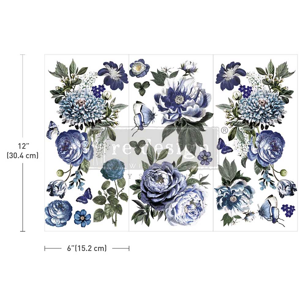 Redesign Small Transfer - INDIGO PETALS (3 sheets, each 15.24cm x 30.48cm) - Rustic Farmhouse Charm
