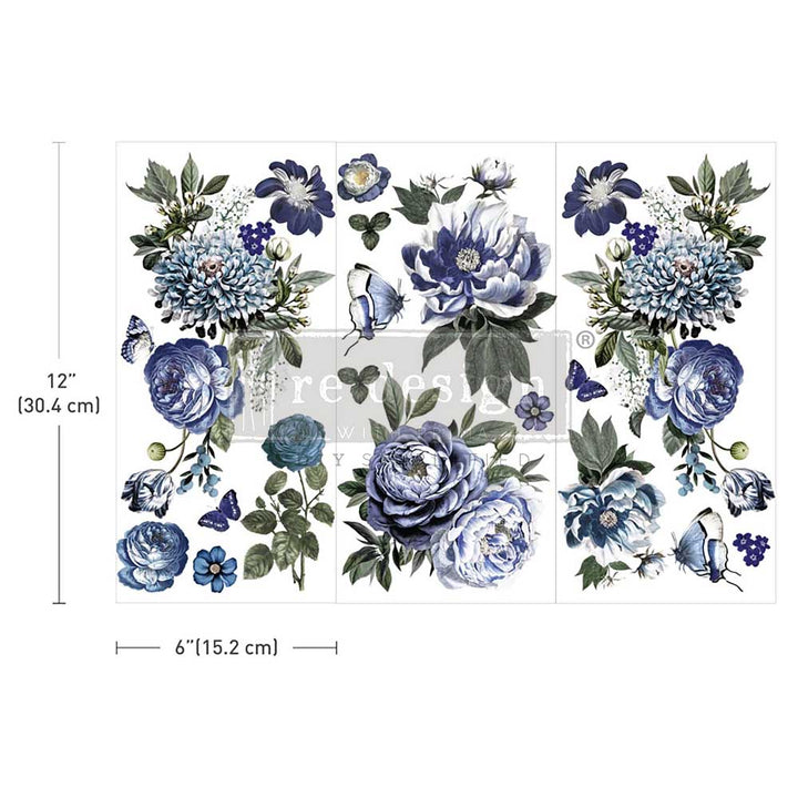 Redesign Small Transfer - INDIGO PETALS (3 sheets, each 15.24cm x 30.48cm) - Rustic Farmhouse Charm