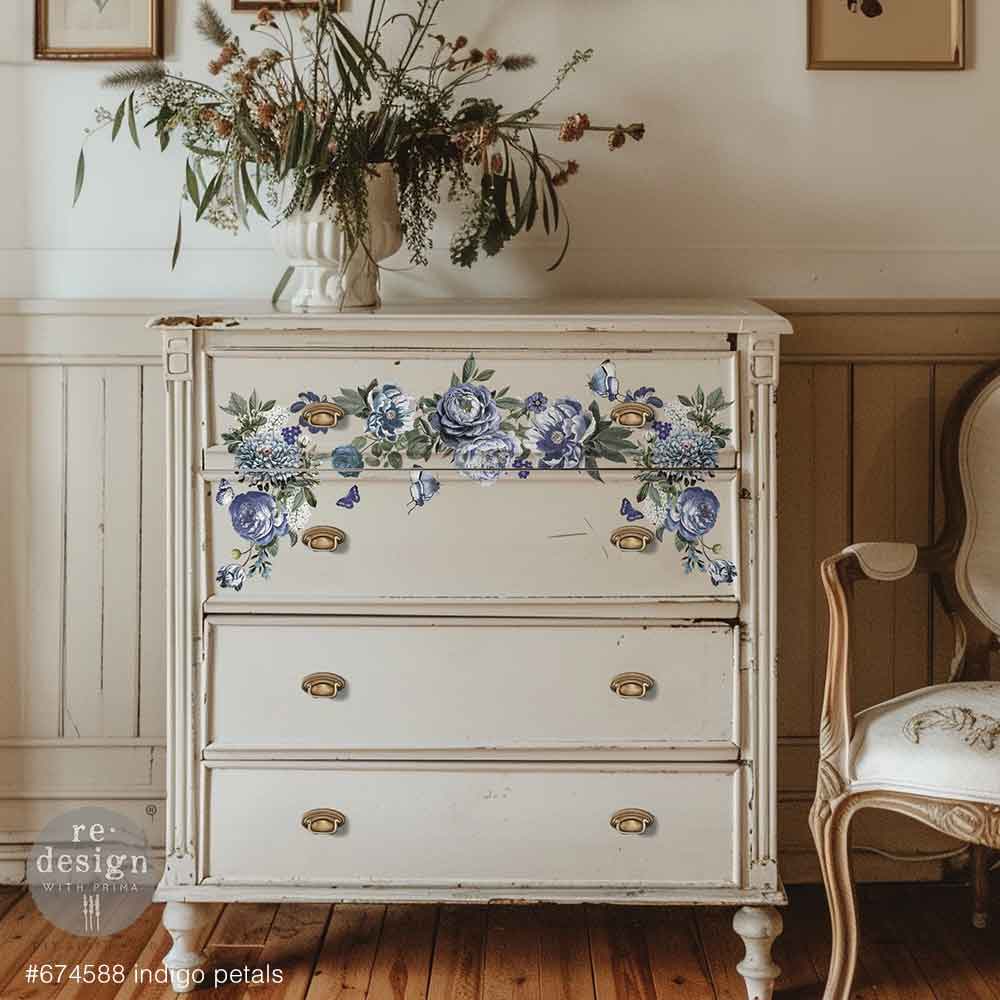 Redesign Small Transfer - INDIGO PETALS (3 sheets, each 15.24cm x 30.48cm) - Rustic Farmhouse Charm