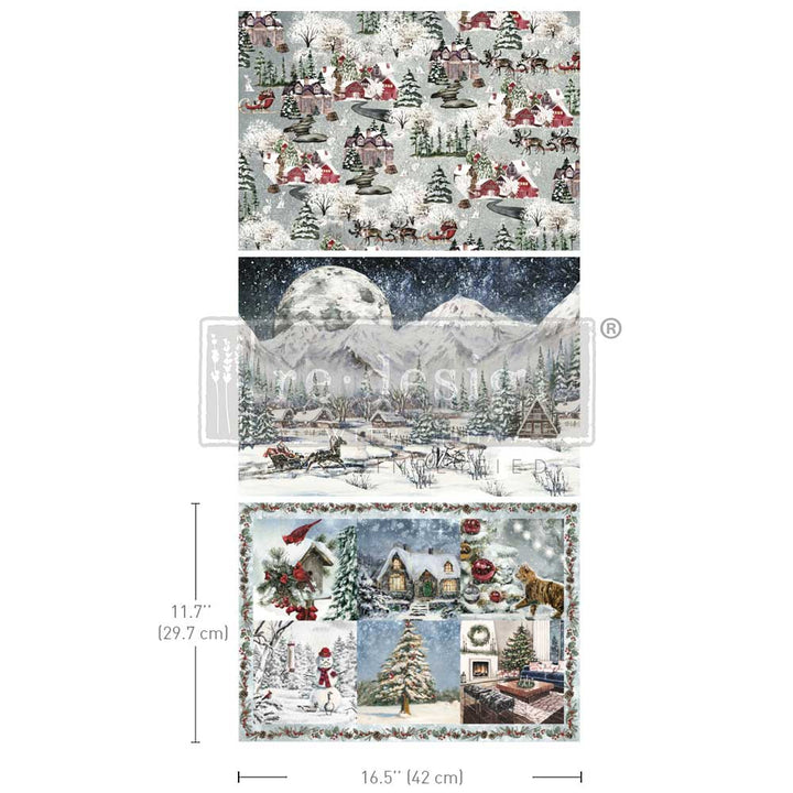 Redesign A3 Decoupage Fibre Paper Pack of 3 - SNOWFALL SPLENDOUR (29.7cm x 41.9cm) - Rustic Farmhouse Charm