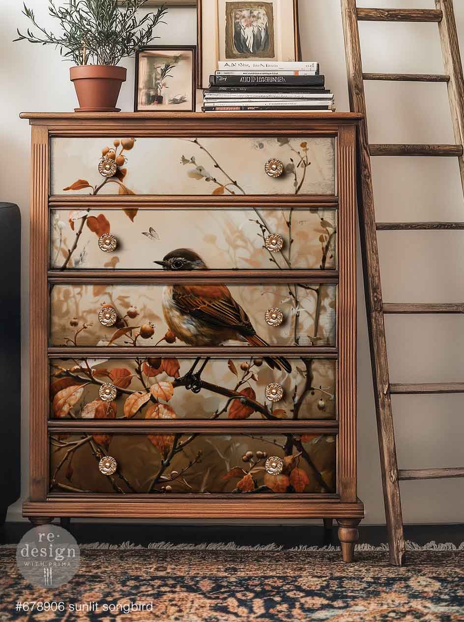 LIMITED! Redesign A1 Decoupage Fibre Paper - SUNLIT SONGBIRD (59.44cm x 84.07cm) - Rustic Farmhouse Charm
