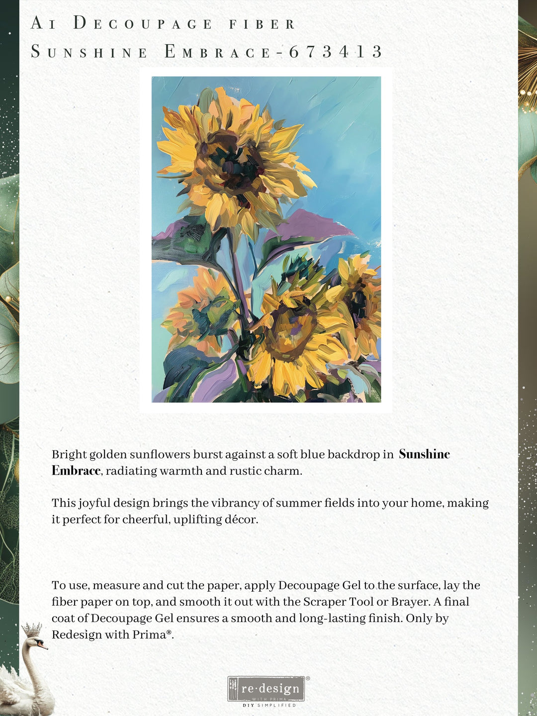 NEW! Redesign Limited A1 Decoupage Fibre Paper - SUNSHINE EMBRACE (59.44cm x 84.07cm) - Rustic Farmhouse Charm