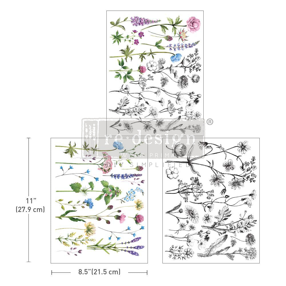 TINY FLOWERS Redesign Middy Transfer (3 sheets, each 21.59cm x 27.94cm) - Rustic Farmhouse Charm