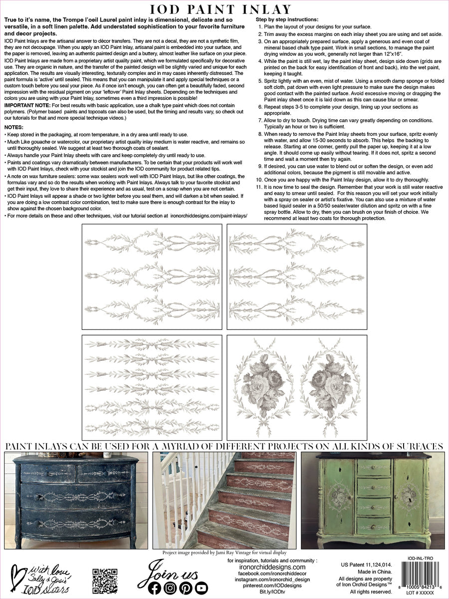 TROMP L'OEILL LAUREL Paint Inlay by IOD (set of four 12"x16" sheets) - Rustic Farmhouse Charm