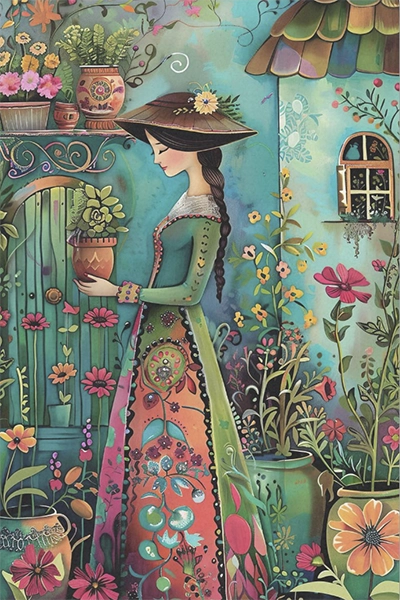 Decoupage Tissue Paper - Vibrant Girl with Plants (50.8cm x 76.2cm) - Rustic Farmhouse Charm