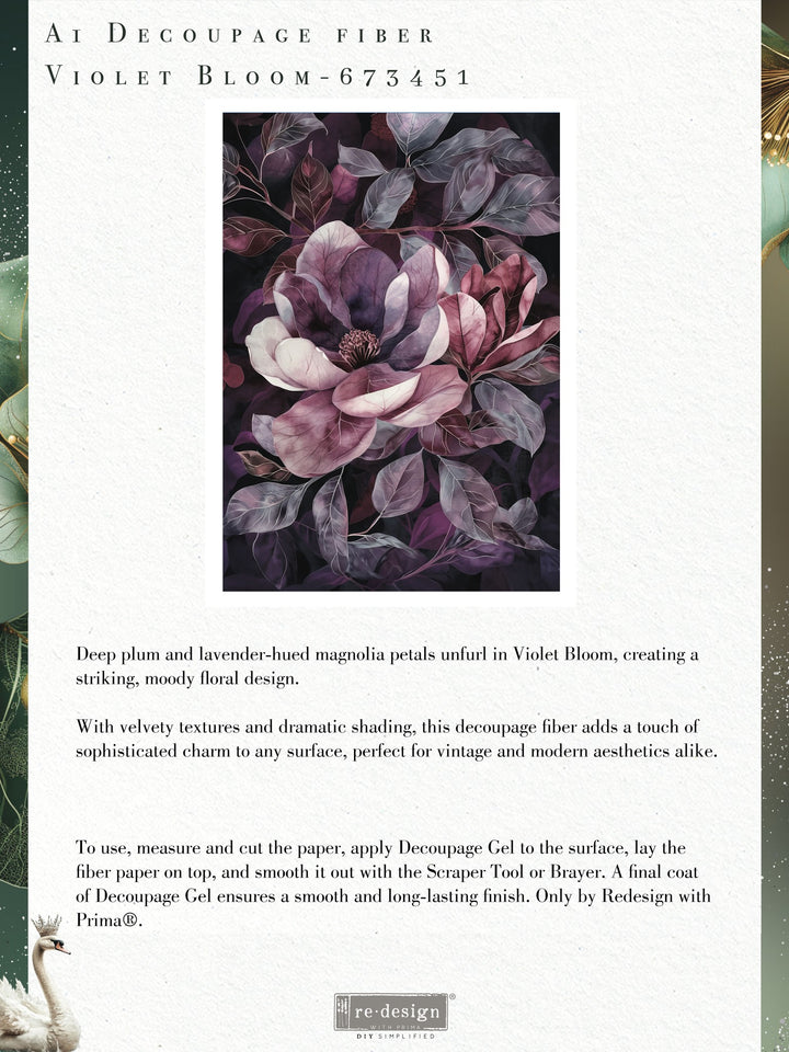 NEW! Redesign Limited A1 Decoupage Fibre Paper - VIOLET BLOOM (59.44cm x 84.07cm) - Rustic Farmhouse Charm