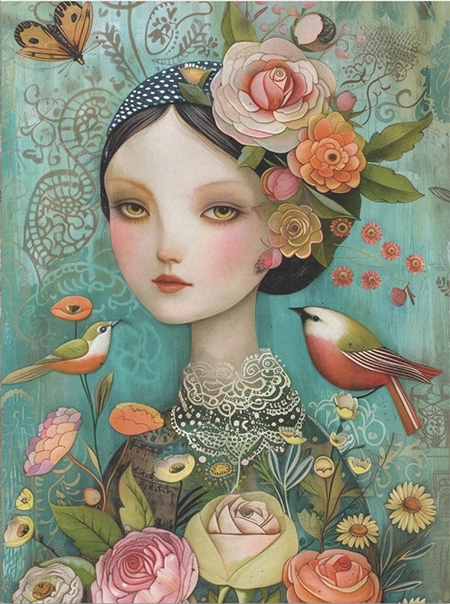 Decoupage Tissue Paper - Whimsical Girl with Birds in Garden (38.1cm x 50.8cm) - Rustic Farmhouse Charm
