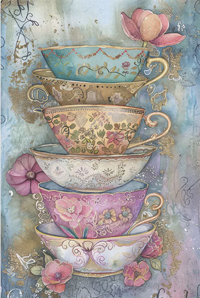 Decoupage Tissue Paper - Whimsical Tea Cups in a Stack (25.4cm x 38.1cm) - Rustic Farmhouse Charm