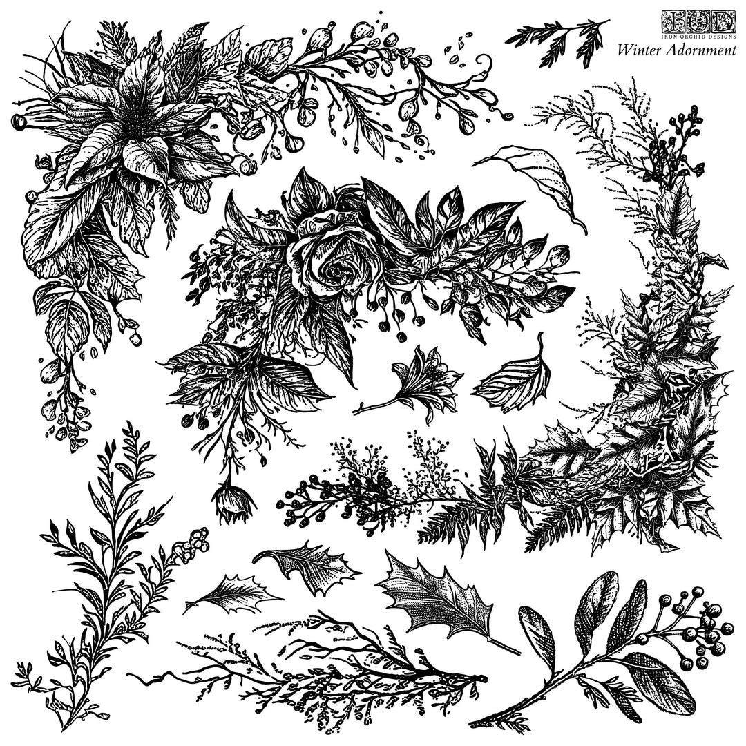 NEW! WINTER ADORNMENT Stamp Set by IOD (12"x12", 30.48cm x 30.48cm) - Rustic Farmhouse Charm