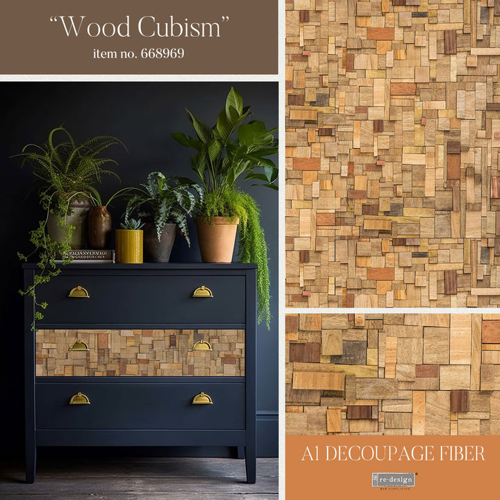 NEW! WOOD CUBISM Redesign A1 Decoupage Fibre Paper (59.44cm x 84.07cm) - Rustic Farmhouse Charm