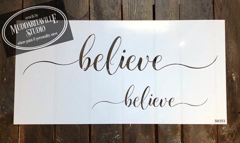 BELIEVE SCRIPT Stencil by Muddaritaville (Sheet size: 55.9cm x 33cm) - Rustic Farmhouse Charm