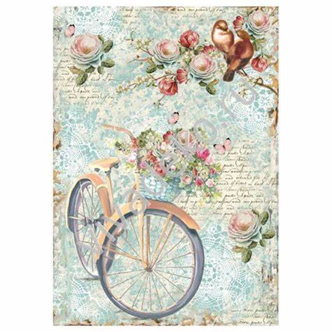 BIKE & BRANCH WITH FLOWERS Rice Paper by Stamperia (A4) - Rustic Farmhouse Charm