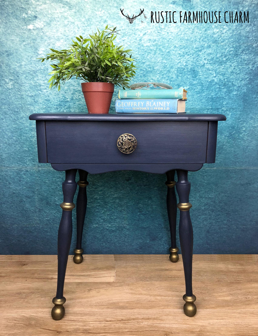 Midnight Blue & Bronze Side Table - Rustic Farmhouse Charm