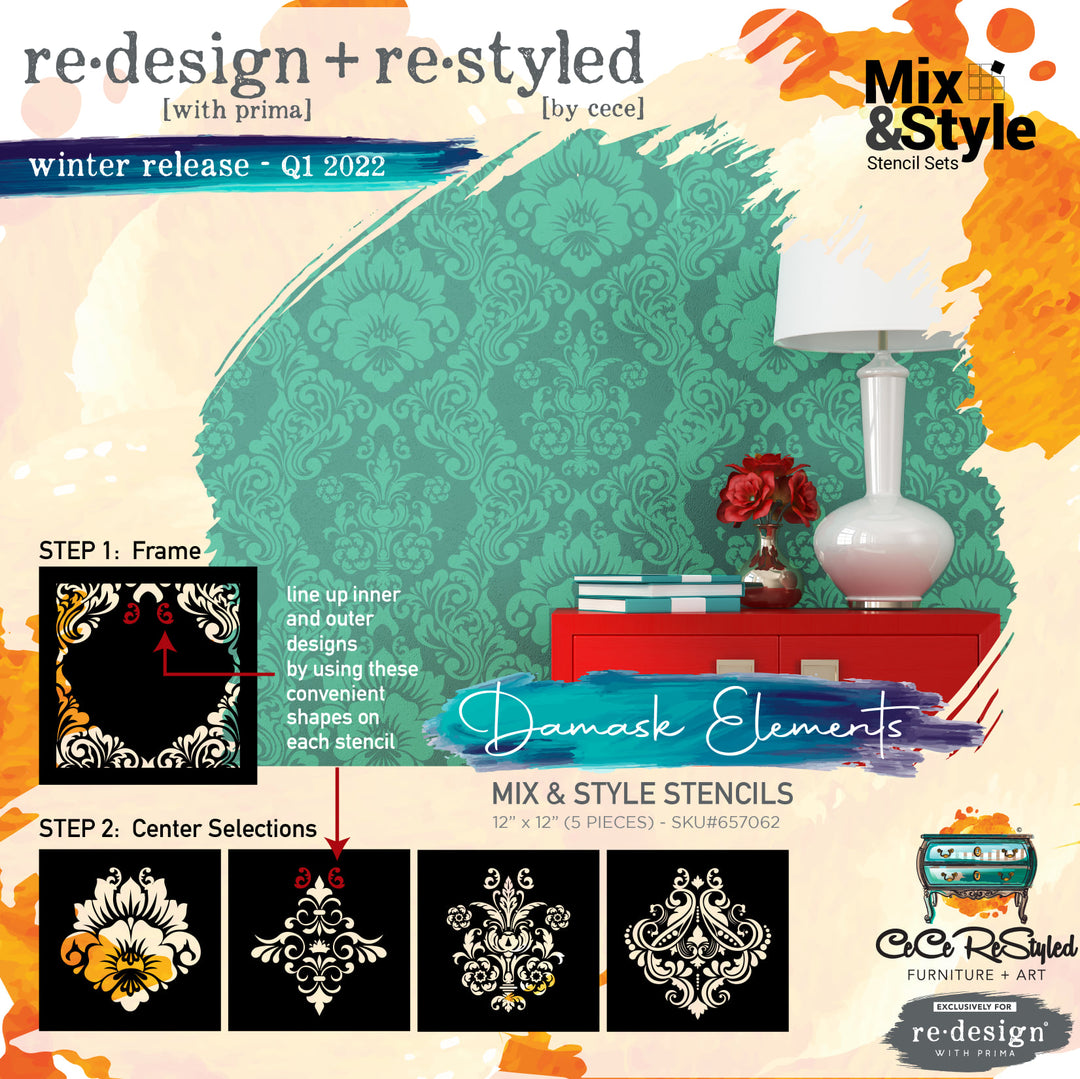 CECE DAMASK ELEMENTS Mix & Style Stencil Set by Redesign - Rustic Farmhouse Charm