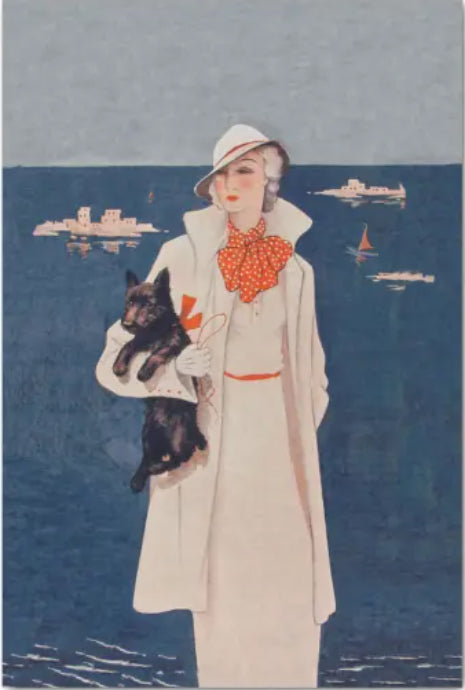 Decoupage Tissue Paper - Fashionable Lady with Dog with Sea Background (25.4cm x 38.1cm) - Rustic Farmhouse Charm