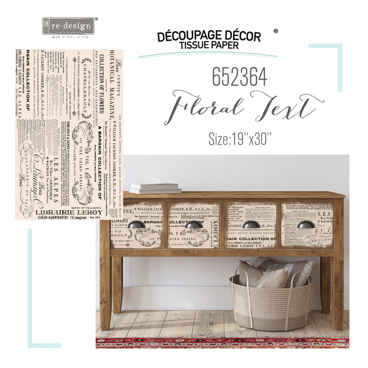 FLORAL TEXT Redesign Decoupage Tissue Paper 48.26cm x 76.2cm - Rustic Farmhouse Charm