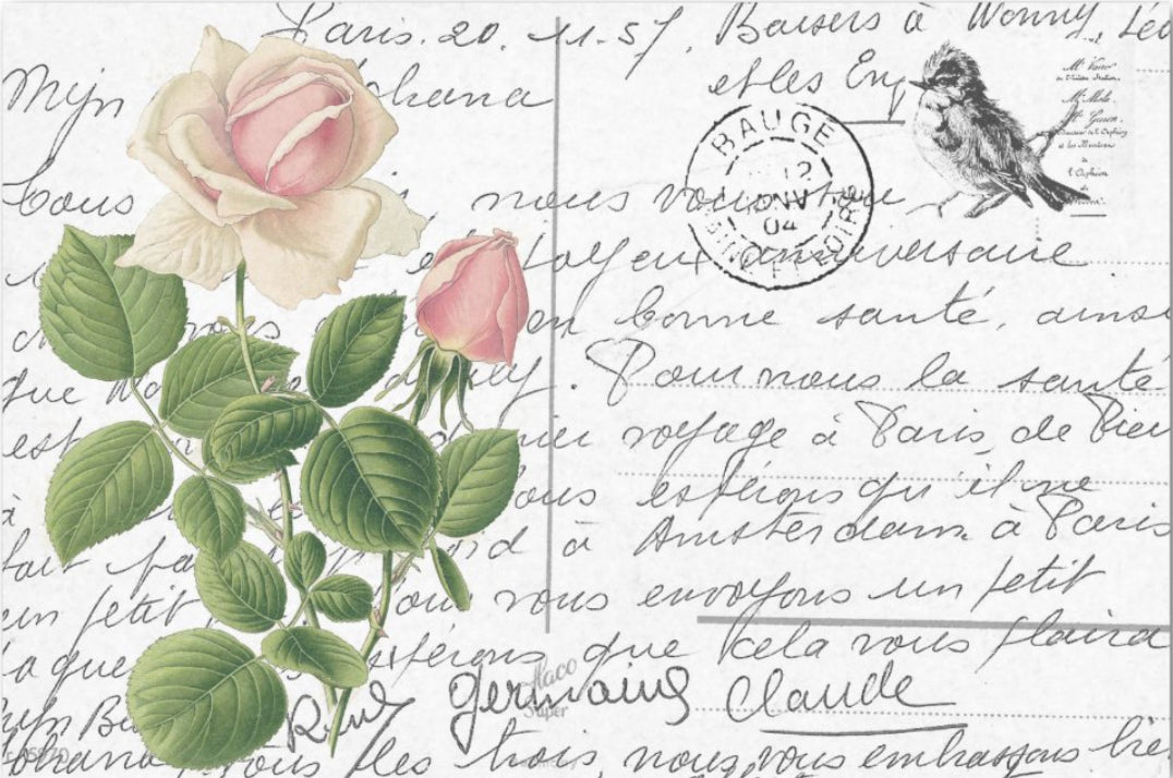Decoupage Tissue Paper - French Postcard with Rose and Bird (25.4cm x 38.1cm) - Rustic Farmhouse Charm