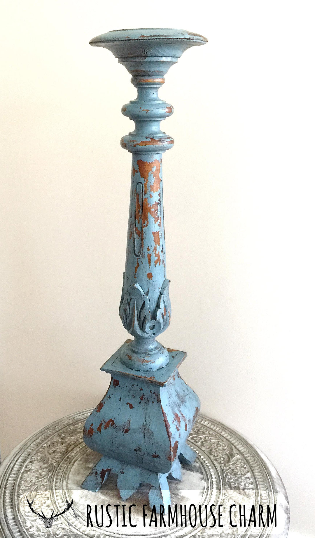 Moody Blue Wooden Carved Candleholder - Rustic Farmhouse Charm