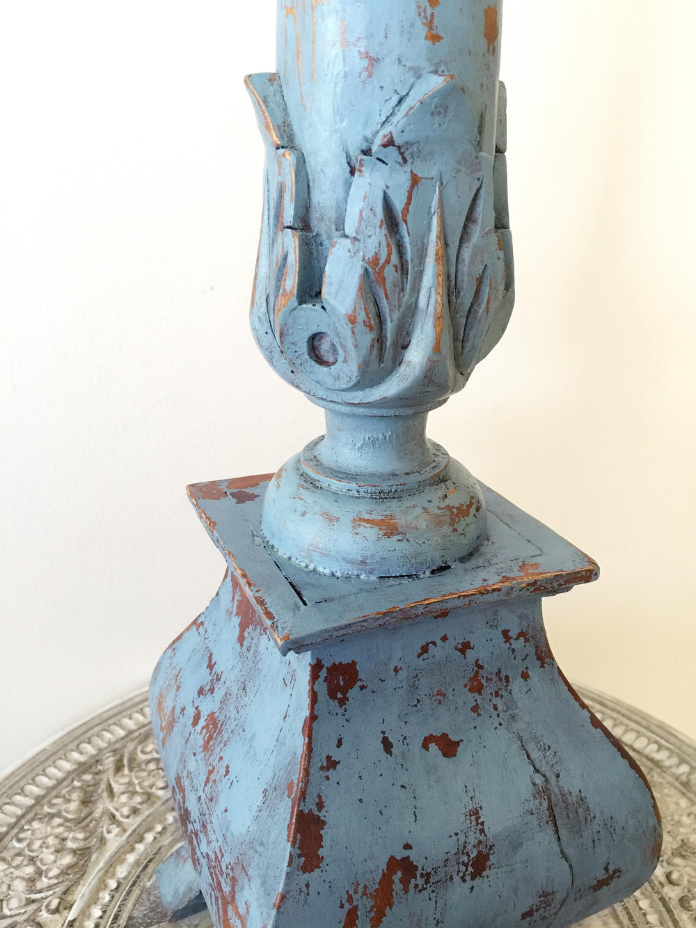 Moody Blue Wooden Carved Candleholder - Rustic Farmhouse Charm