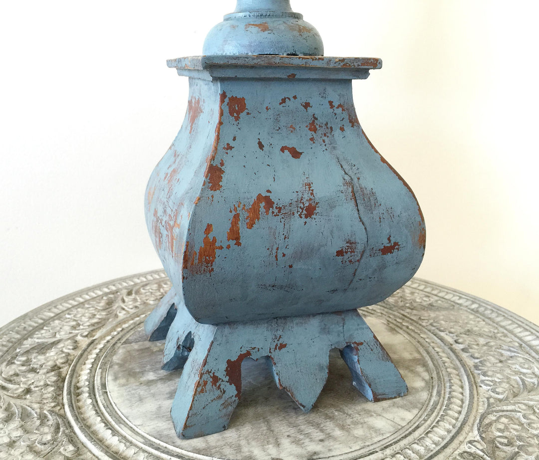 Moody Blue Wooden Carved Candleholder - Rustic Farmhouse Charm