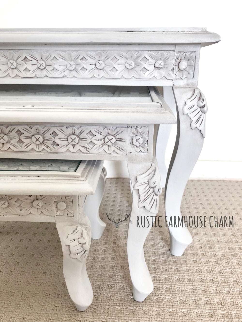 Floral Carved Set of 3 Nesting Tables - Rustic Farmhouse Charm