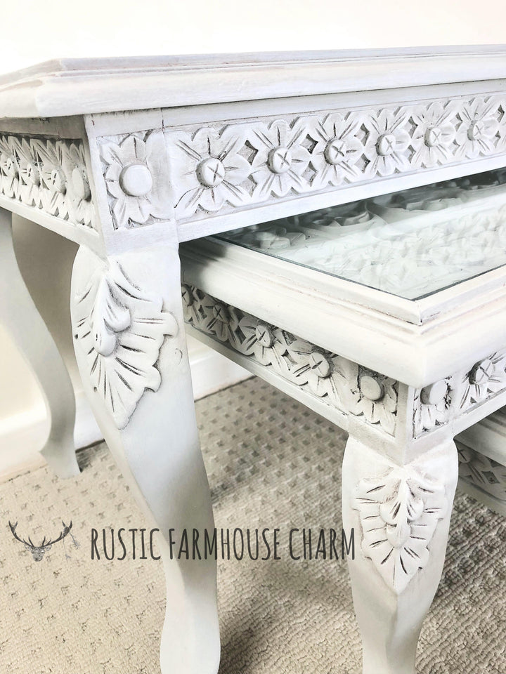 Floral Carved Set of 3 Nesting Tables - Rustic Farmhouse Charm