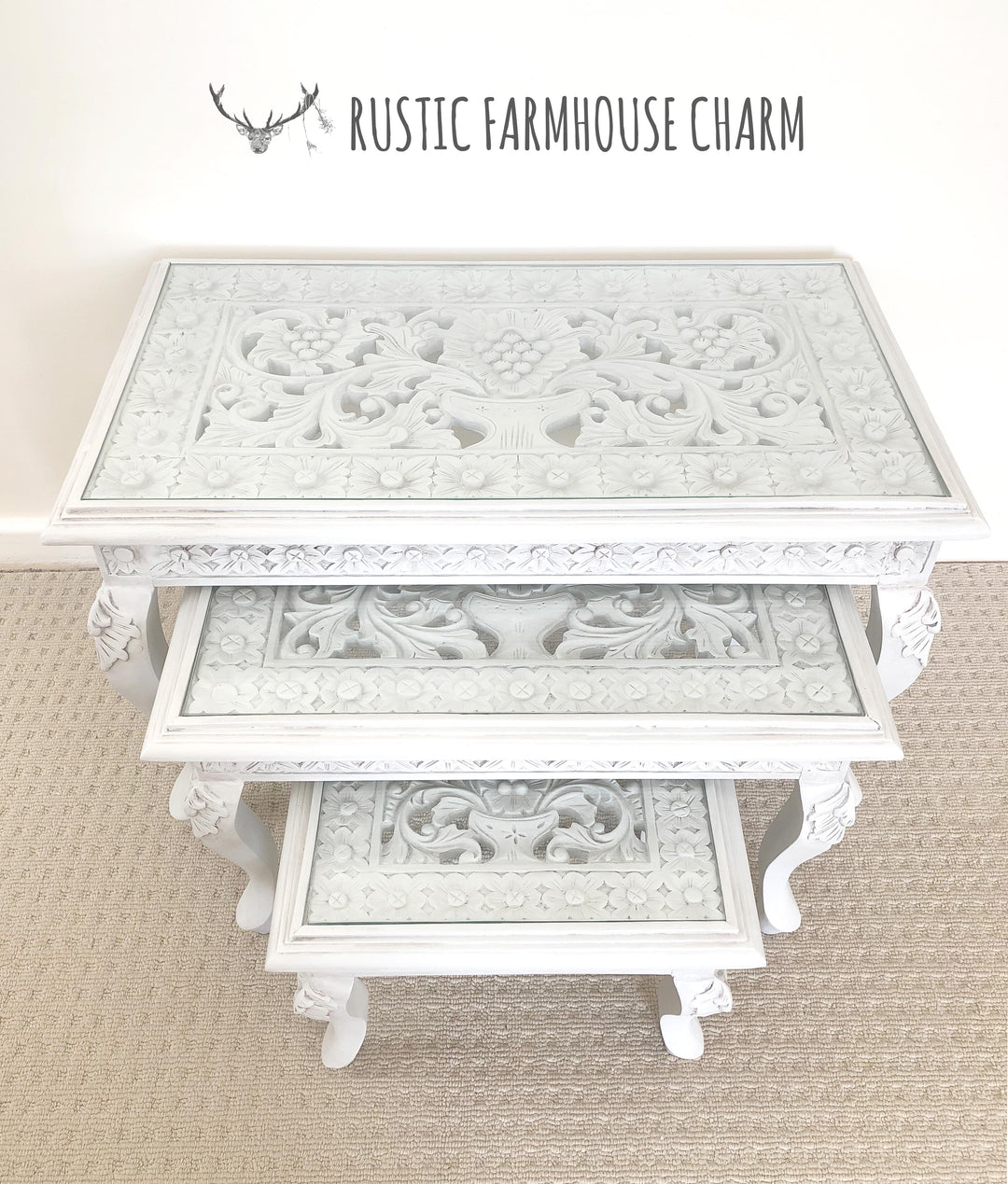 Floral Carved Set of 3 Nesting Tables - Rustic Farmhouse Charm