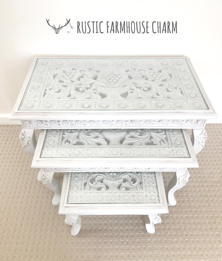 Floral Carved Set of 3 Nesting Tables - Rustic Farmhouse Charm