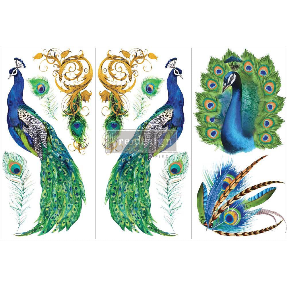 PEACOCK PARADISE Redesign Transfer (3 sheets, each 15.24cm x 30.48cm) - Rustic Farmhouse Charm