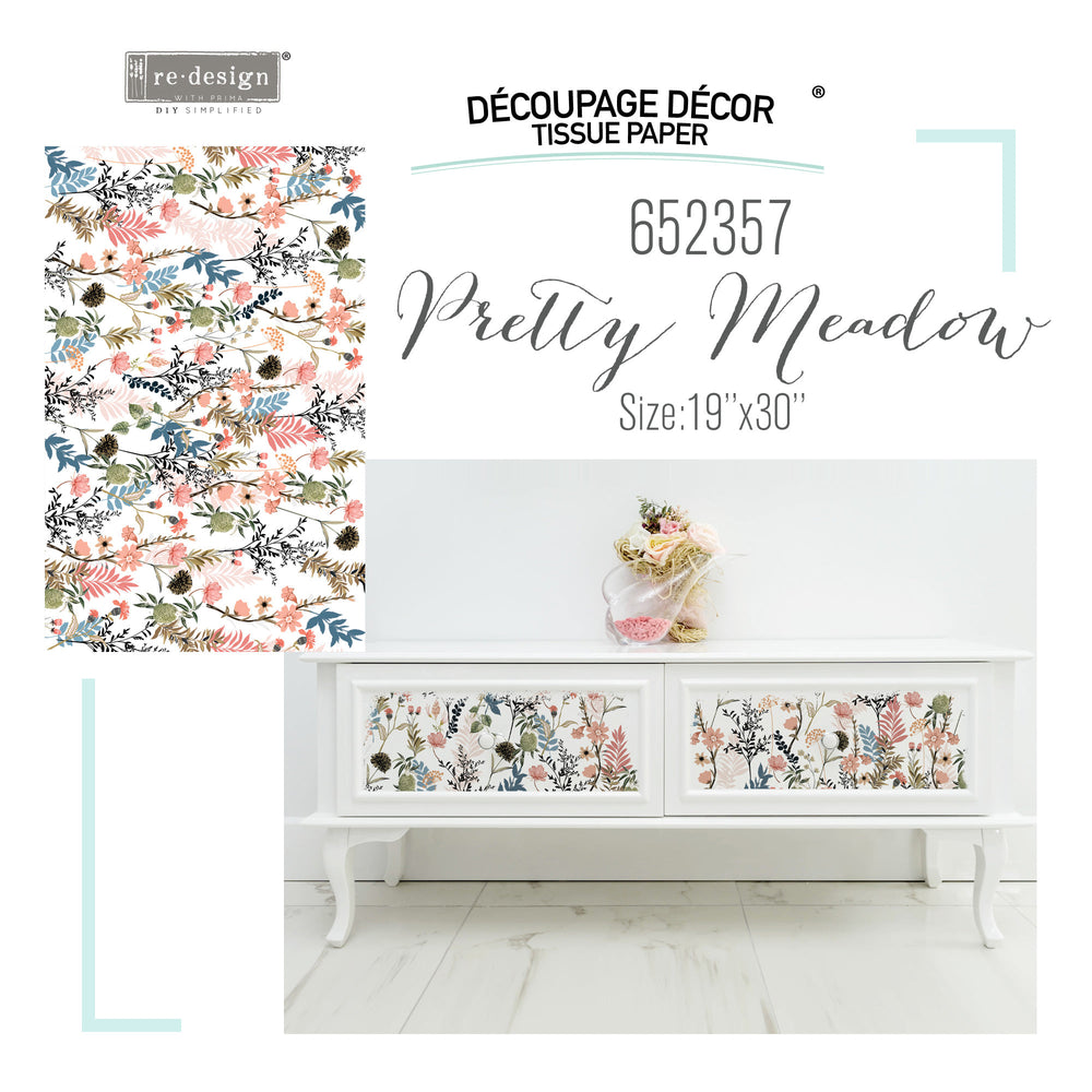 PRETTY MEADOWS Redesign Decoupage Tissue Paper 48.26cm x 76.2cm - Rustic Farmhouse Charm