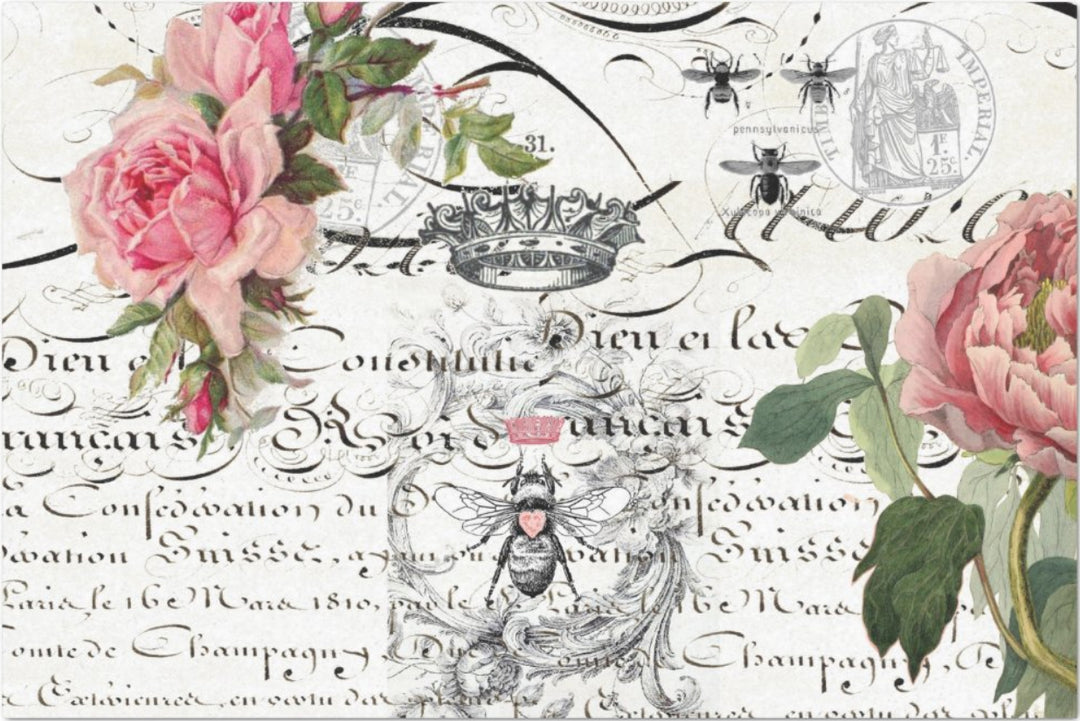 Decoupage Tissue Paper - Bees & Roses Script (50.8cm x 76.2cm) - Rustic Farmhouse Charm