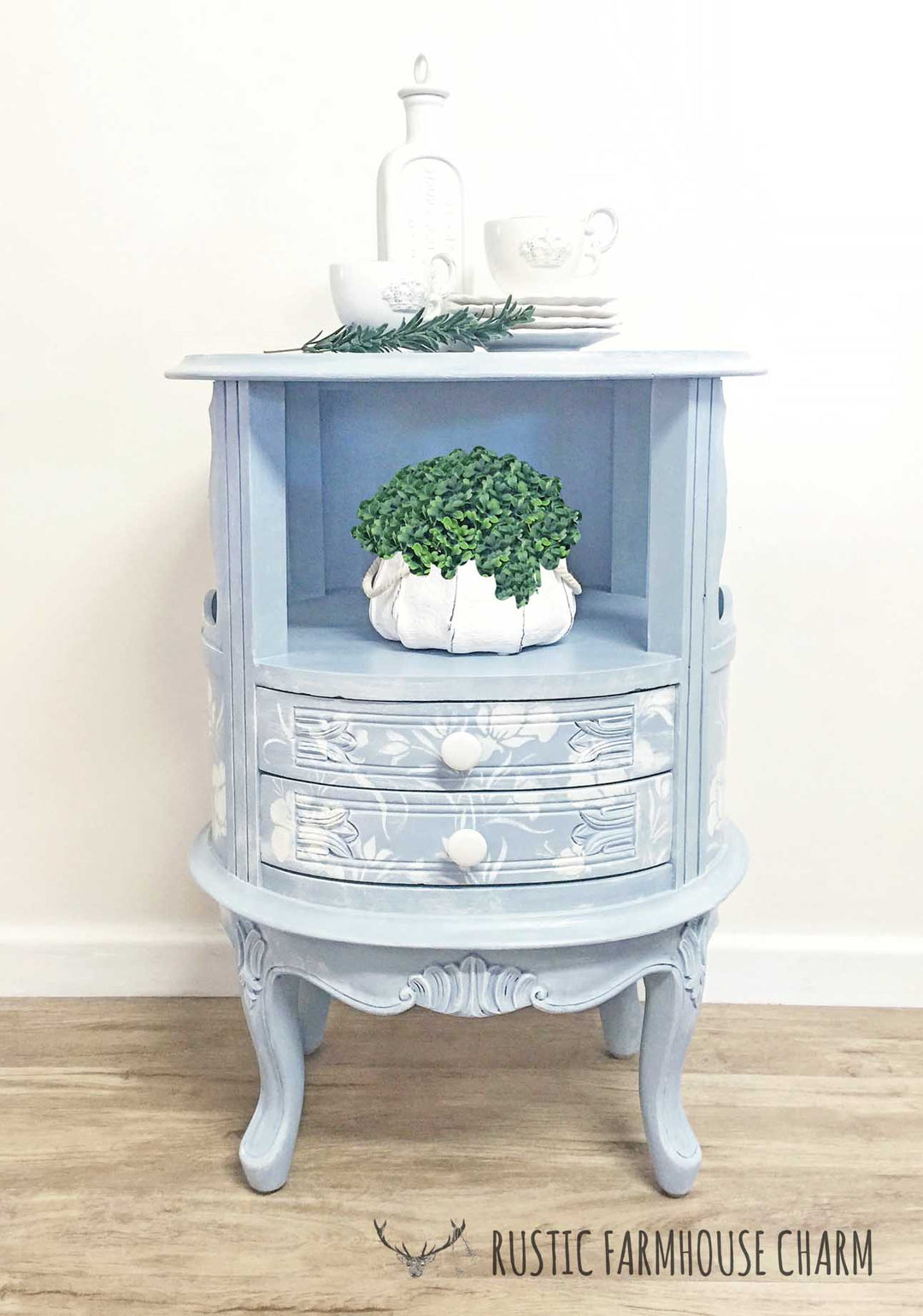 Floral Carved Indian Side Table with Drawers - Rustic Farmhouse Charm