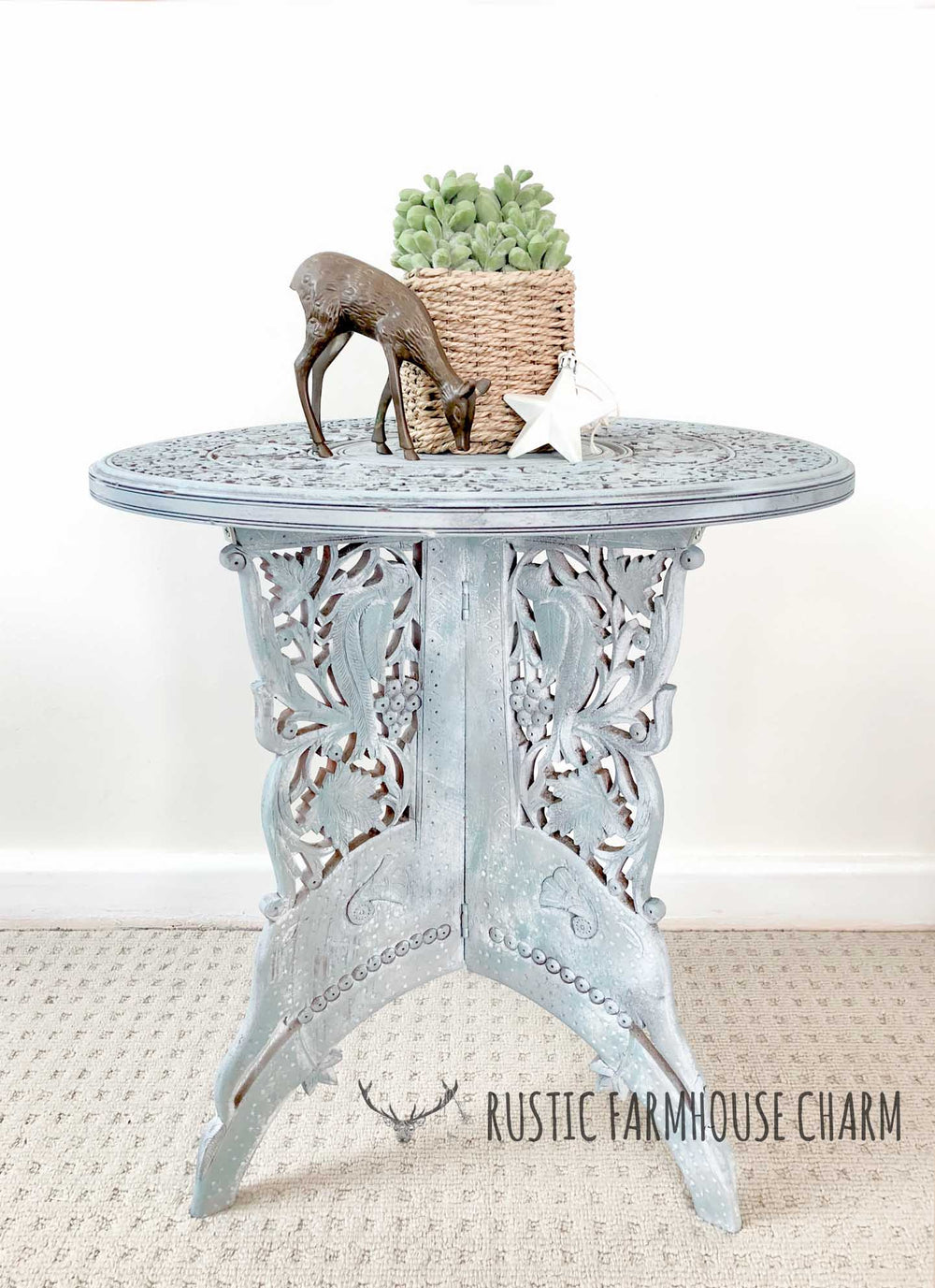 Intricately Carved Indian Side Table - Rustic Farmhouse Charm