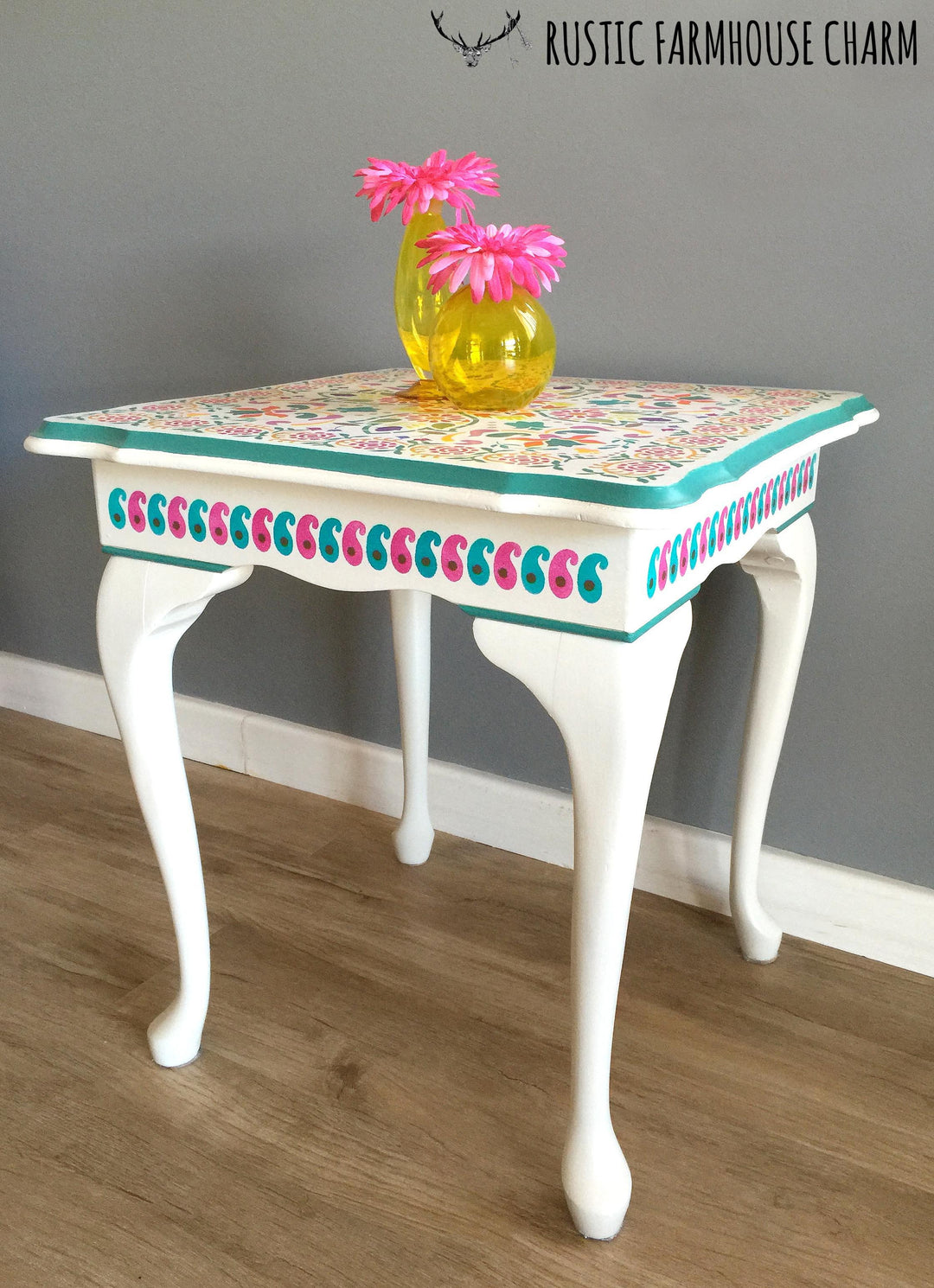 Bohemian Folk Art Side Table - Rustic Farmhouse Charm